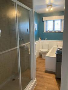 a bathroom with a shower and a toilet and a sink at ROCKFERRY 3 Bed Central Apartment + parking permit in Dartmouth