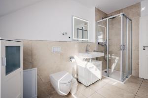 a bathroom with a toilet and a sink and a shower at Ferienhäuser Baltic Lagoon Haus 14a in Fuhlendorf +29 photos