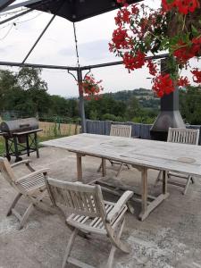 einem hölzernen Picknicktisch und Stühlen unter einem Sonnenschirm in der Unterkunft Le calme de la prairie de liège in Lüttich