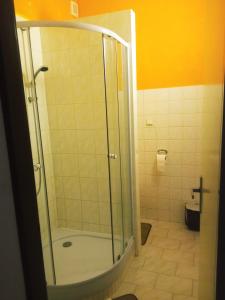 a shower stall in a bathroom with a toilet at Hostinec u Kačaby in Jihlava