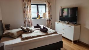 a bedroom with a bed and a flat screen tv at Nillhof in Fischerbach