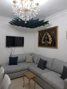 開羅的住宿－Fabulous Apartment in Sheraton Heliopolis ,5 minutes from Cairo Airport，带沙发和吊灯的客厅