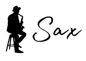 Una silueta de un hombre sentado en un taburete con un saxofón. en Casa della Musica - Affitti Brevi Italia, en Módena