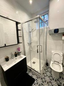 a bathroom with a shower and a toilet and a sink at Studio Les Poutres centre-ville Rouen in Rouen