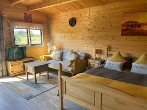 a bedroom with a bed and a couch and a tv at Rife Lodges in Arundel