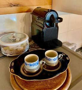 zwei Tassen Kaffee auf einem Teller auf einer Küchentheke in der Unterkunft Brvnare Mrkic in Kremna