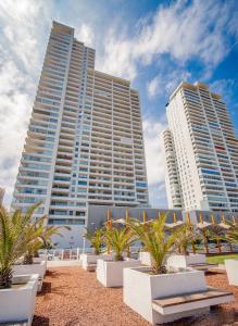 dos edificios altos en la playa con palmeras en Acogedor y hermoso departamento en primera línea de Playa Brava, en Iquique