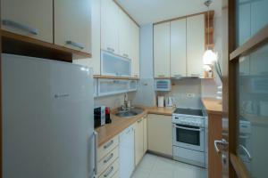 kuchnia z białymi szafkami i białą lodówką w obiekcie City Nest apartment w mieście Podgorica