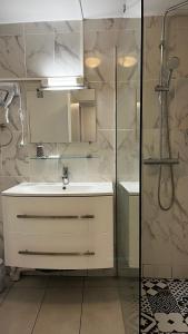 a bathroom with a sink and a shower at Hôtel Marie Louise in Enghien-les-Bains