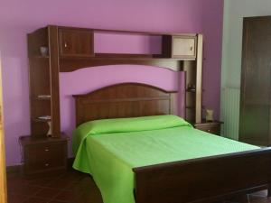 San Marco ArgentanoにあるB&B del Castagnetoの紫の壁の緑のベッドが備わるベッドルーム1室が備わります。