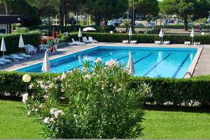 a swimming pool with chairs and umbrellas in a resort at Apartment 3 beds in Residence with swimming-pool bed and bath linen included in Marina di Bibbona