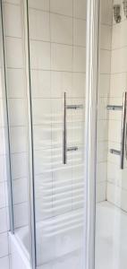 a shower with a glass door in a bathroom at Apartment Bella Vista in Glücksburg