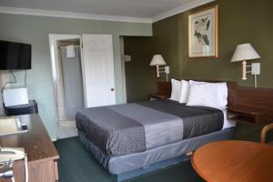 Budget Inn في نيدلز: غرفة الفندق بسرير وطاولة