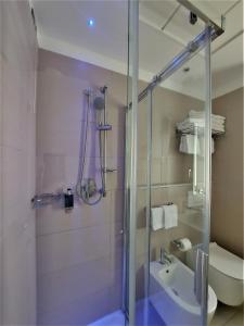 a bathroom with a shower and a sink and a toilet at Yes Hotel Touring & SPA in Rimini