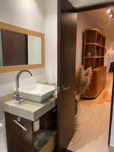een badkamer met een wastafel en een spiegel bij Corazón de condesa in Mexico-Stad
