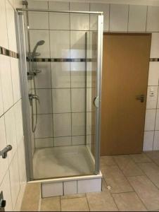 La salle de bains est pourvue d'une douche avec une porte en verre. dans l'établissement Am Mühlenberg, 