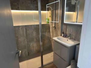 a bathroom with a shower and a sink at Comfortable ground floor, 2 BR modern Apartment in Broadheath