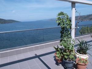 einen Balkon mit Topfpflanzen und Blick auf das Wasser in der Unterkunft NINEMIA in Amfilochía