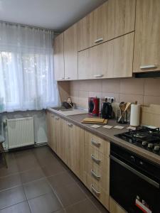 La cuisine est équipée de placards en bois et d'un four avec plaques de cuisson. dans l'établissement Apartament modern-nou Cristina&Jessica, à Mediaş