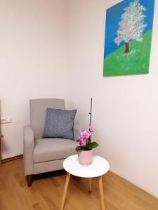 a living room with a couch and a table at Apartment Anna im Mostviertel in Seitenstetten Markt