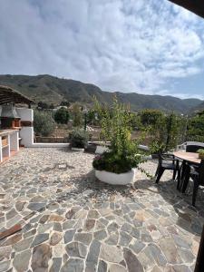 Casa Rural "El Patio de Paca" في Tegueste: فناء مع طاولة وكراسي وطاولة ومقعد