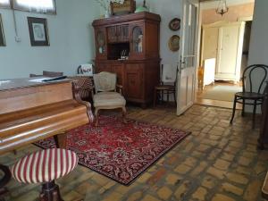 ein Wohnzimmer mit einem Klavier und einem roten Teppich in der Unterkunft Etno house Leja 
