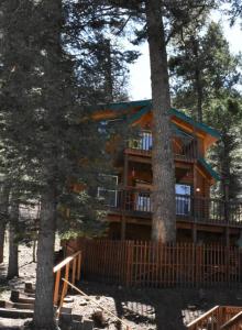 a large log cabin in the middle of trees at Sky Cabin in Ruidoso