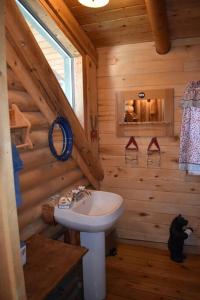 a bathroom with a sink in a log cabin at Sky Cabin in Ruidoso