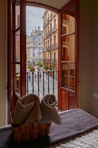 een open deur met handdoeken in een mand voor een raam bij Aile Granada - Hostatel in Granada