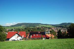 a village with red roofs and a green field at Gästehaus Jäger in Gersfeld