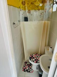 Baño pequeño con aseo y lavamanos en Hostel das Flores, en Belém