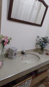 a bathroom sink with a mirror and flowers on it at Eucalipto in Mar del Plata