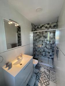 ein Bad mit einem Waschbecken, einem WC und einer Dusche in der Unterkunft Atico en Puerto Marina in Benalmádena