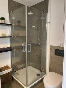a bathroom with a glass shower with a toilet at Apartament Holiday Amber in Rewal
