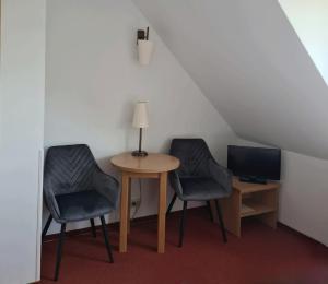 ピブニチュナ・ズドルイにあるSki Hotelの椅子2脚、テーブル、テレビが備わる客室です。
