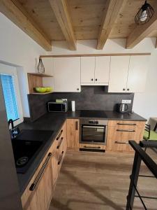 a kitchen with wooden cabinets and a black counter top at U Rybnikářů in Znojmo +24 photos