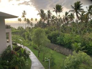 vistas a un jardín con palmeras y al océano en Flat Confort Pé na Areia, en Ipojuca