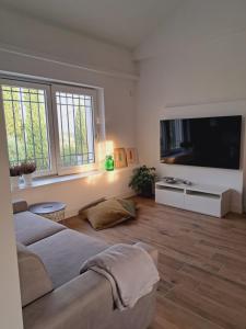ein Wohnzimmer mit einem Sofa und einem Flachbild-TV in der Unterkunft Villa The Green Door - Casa Vacanze vicino a Roma in Fonte Nuova