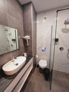 La salle de bains est pourvue d'un lavabo, d'une douche et de toilettes. dans l'établissement Hotel Nava, à Eforie Nord