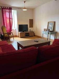 sala de estar con sofá rojo y TV en Maison en vallée d’Ossau, en Sainte-Colome