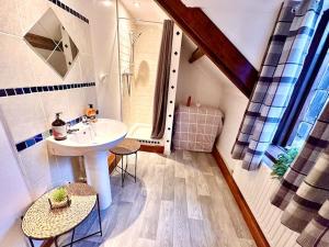 a bathroom with a sink and a shower at 16th Cent,6 bed house,15 People in Llangwm-isaf