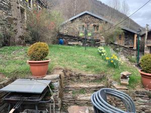 ein Hinterhof mit einem Garten mit Pflanzen und einem Schlauch in der Unterkunft Maison de montagne in Auzat