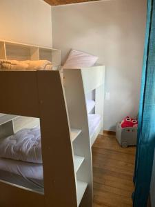 ein Schlafzimmer mit Etagenbett und ein Etagenzimmer mit Bett und Regalen in der Unterkunft Maison de montagne in Auzat