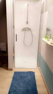 a bathroom with a shower with a blue rug at Location duplex tout confort in Erquinghem-Lys