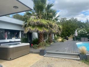 une maison avec un palmier et une piscine dans l'établissement Maison vue panoramique et accès SPA, à La Réole