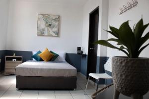 um quarto com uma cama e um vaso de plantas em Casa Salazar Guadalajara em Guadalajara