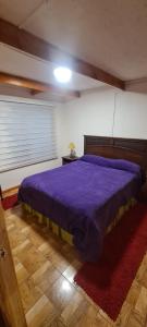 1 dormitorio con 1 cama de color púrpura en una habitación en Cabañas San Alfonso, en Chile Chico