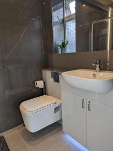 a bathroom with a white toilet and a sink at Claresholm in Barnet