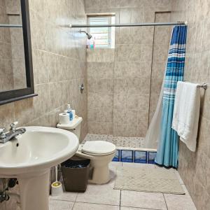 y baño con lavabo, aseo y ducha. en Colinas del Atlantico Vacational House 1st floor, en Isabela