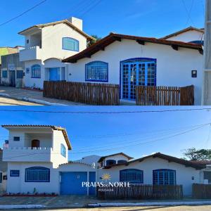 two pictures of a white house with blue windows at Pousada Praias do Norte in São Miguel dos Milagres